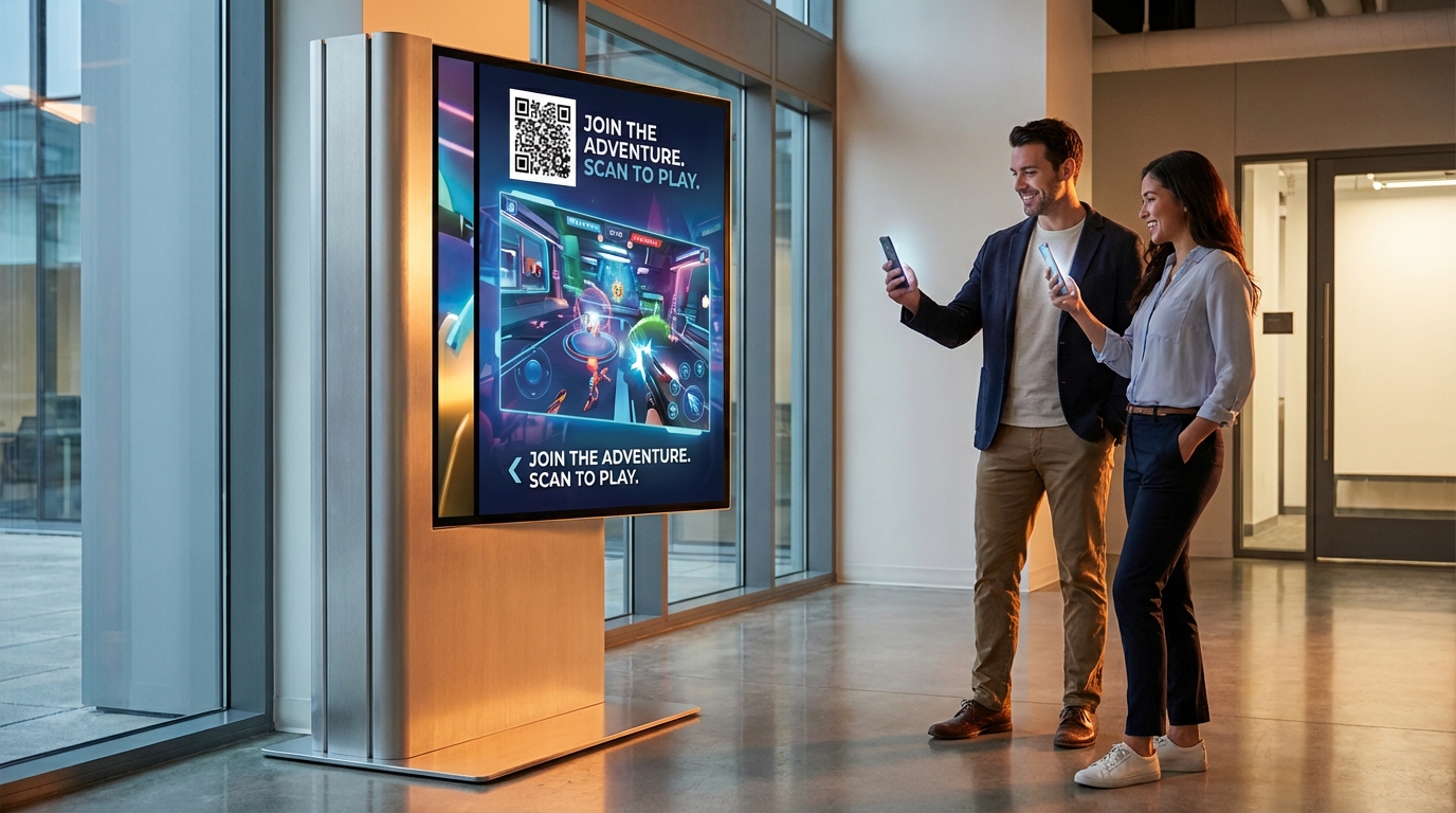 Interactive totem in a modern venue — people engaging with games via their smartphones